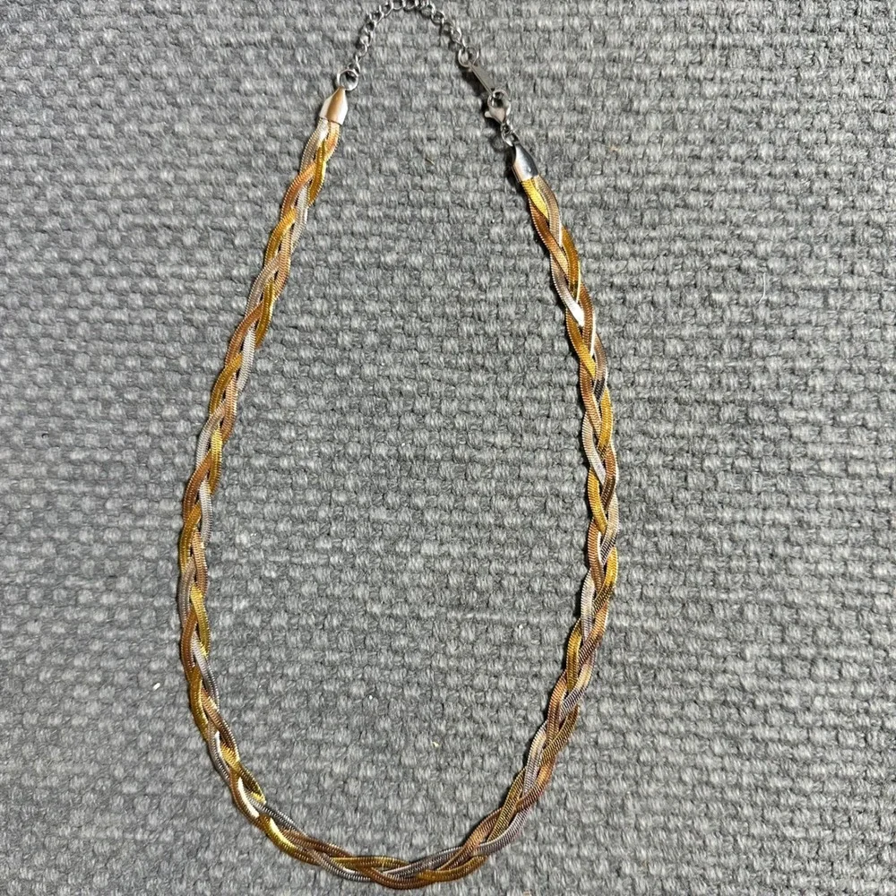 Stainless Steel Braided Tricolor Herringbone Necklace Mixed Metal 16-18 Inch